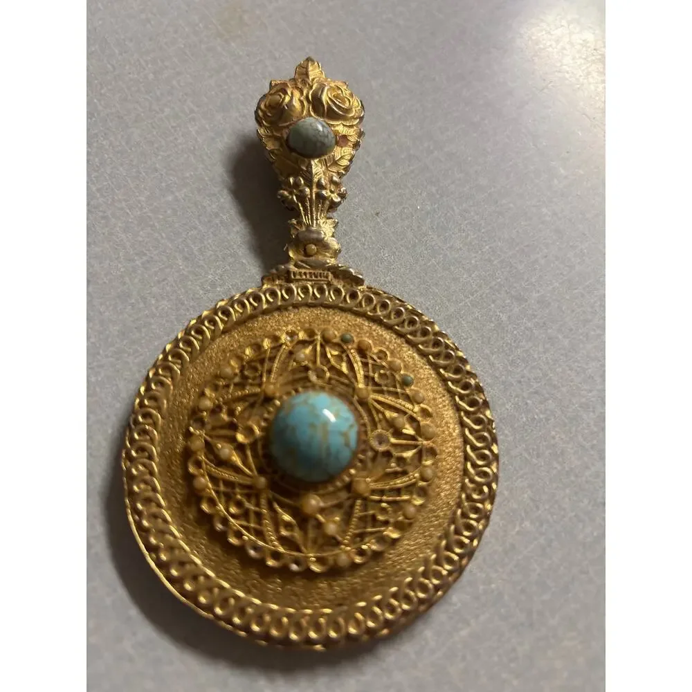 Vintage Mirella Louis XIV Style Hand Mirror Filigree Metalwork Gold Torqouise